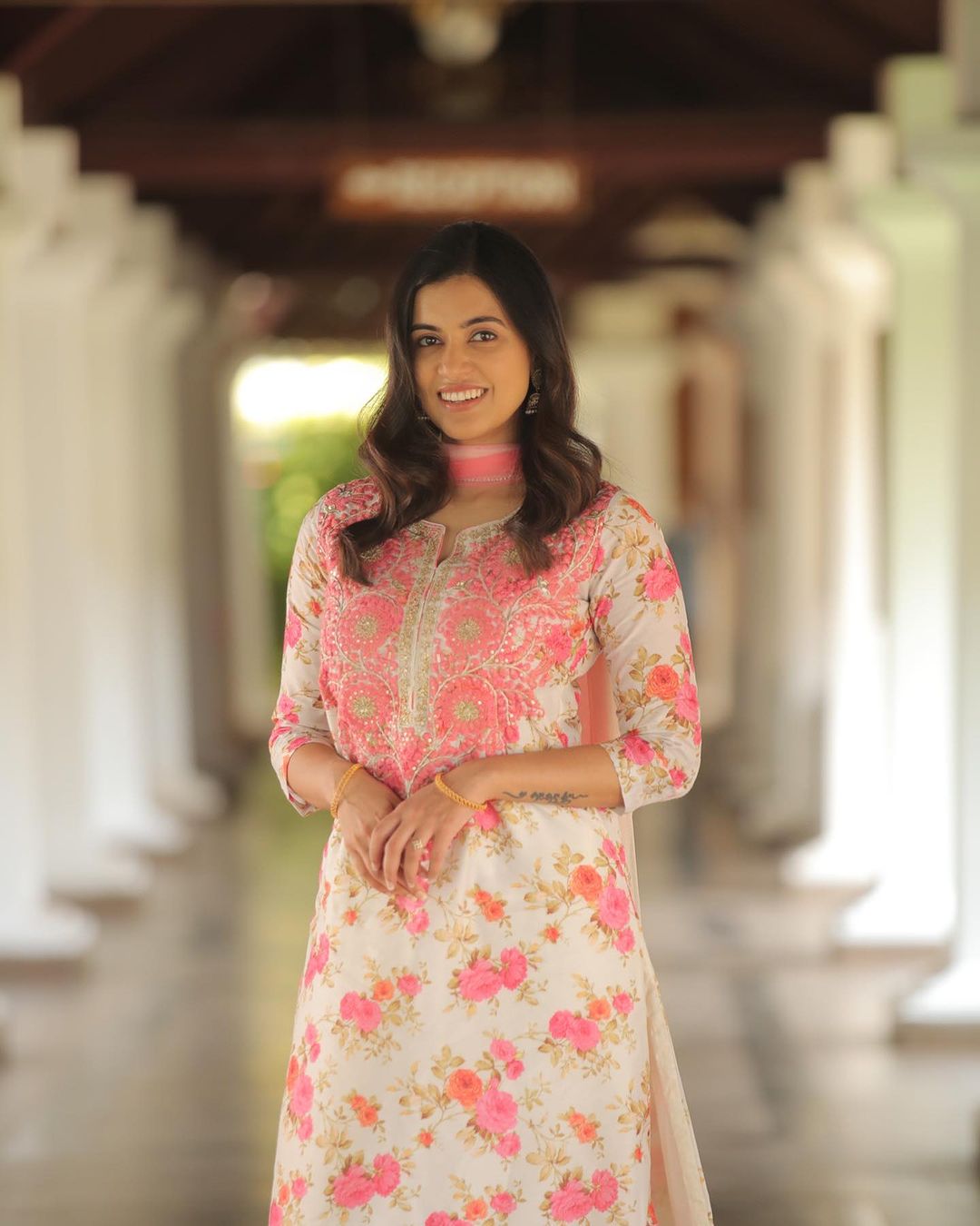 Malayalam Actress Anju Kurian Stills in Pink Color Dress